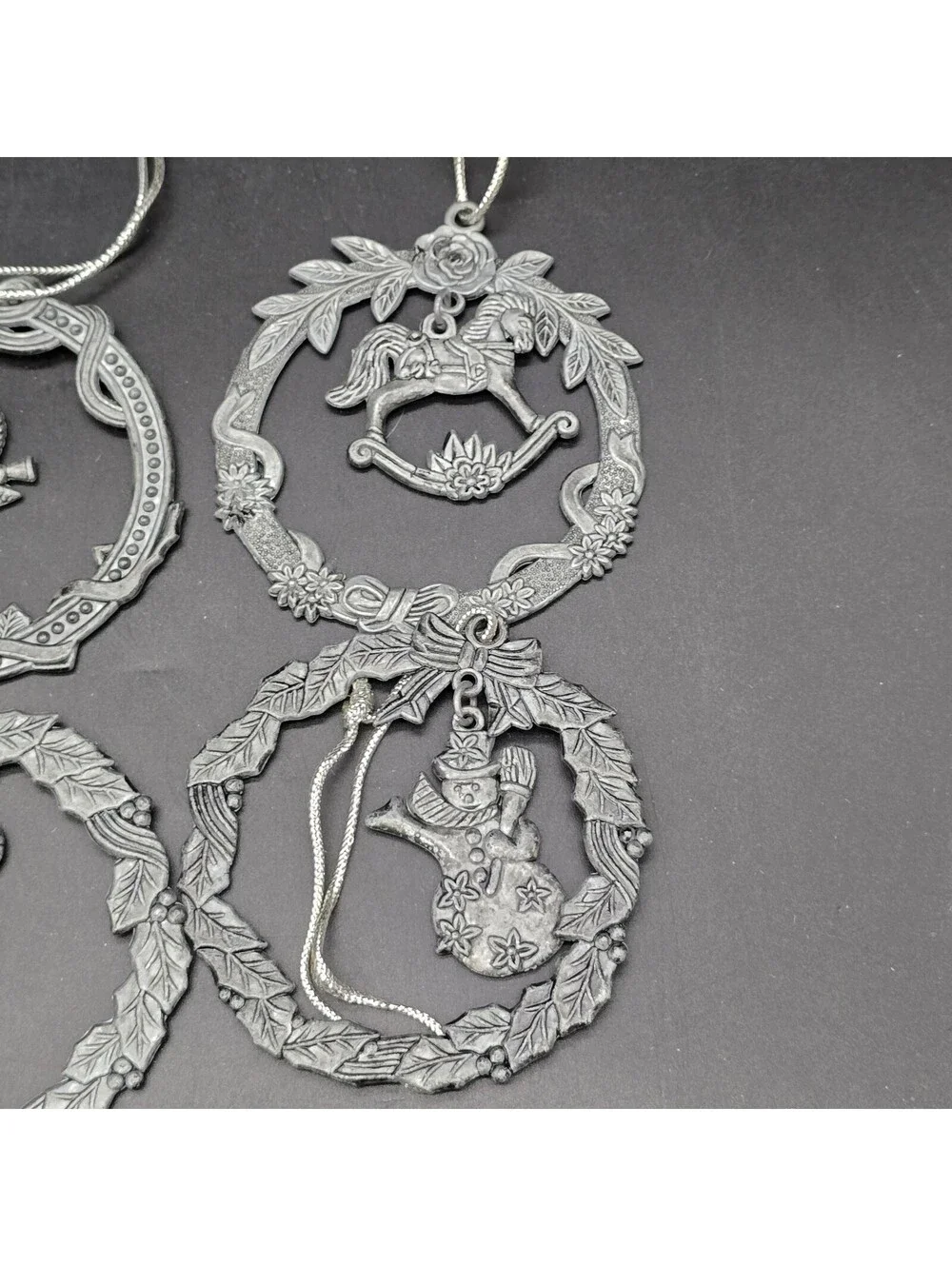 Vintage Christmas Pewter Ornaments Set of 6 Wreath Angel Rocking Horse Cat Box
